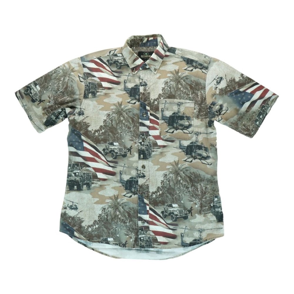 Red Head Button Up Shirt Men's M All Over Print Army Camo Americana‎ Graphic EUC